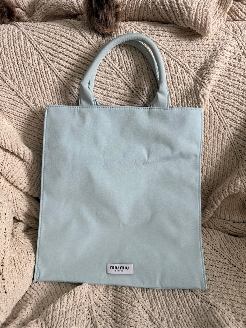 Miu Miu Pale Blue Structured Canvas Tote with Top Handles